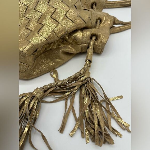 Gold Metallic Genuine Suede Boho Hobo Shoulder Bag w/ Tassels and Woven Leather - Picture 3 of 11